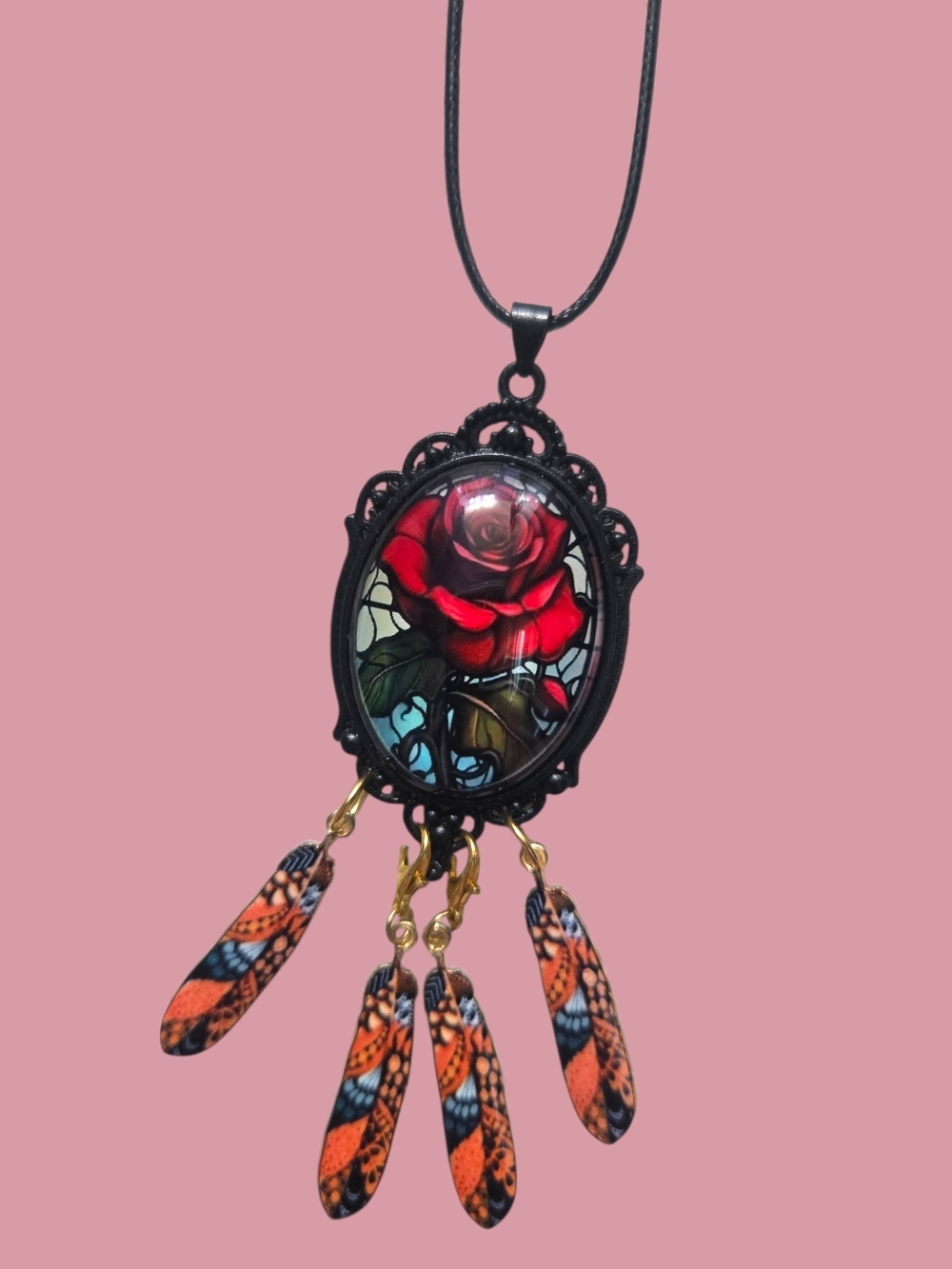 Red Rose Stained Glass Pendant Necklace with Orange Feather Drops